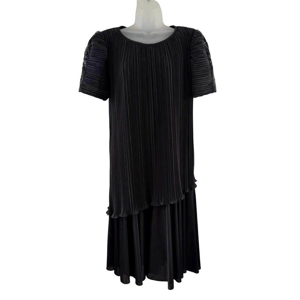 Vintage Gilberti Dress Womens 12 Black Pleated Asymmetric Midi Beaded Puff Y2K
